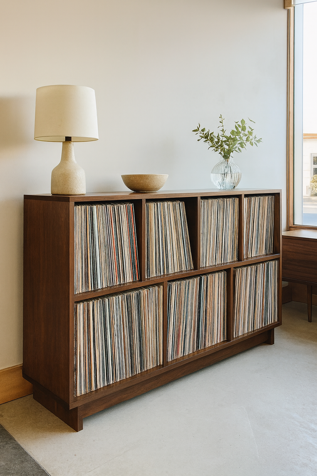 Record Storage Cabinet with Base - 700 Records - Cherry - Teak Finish