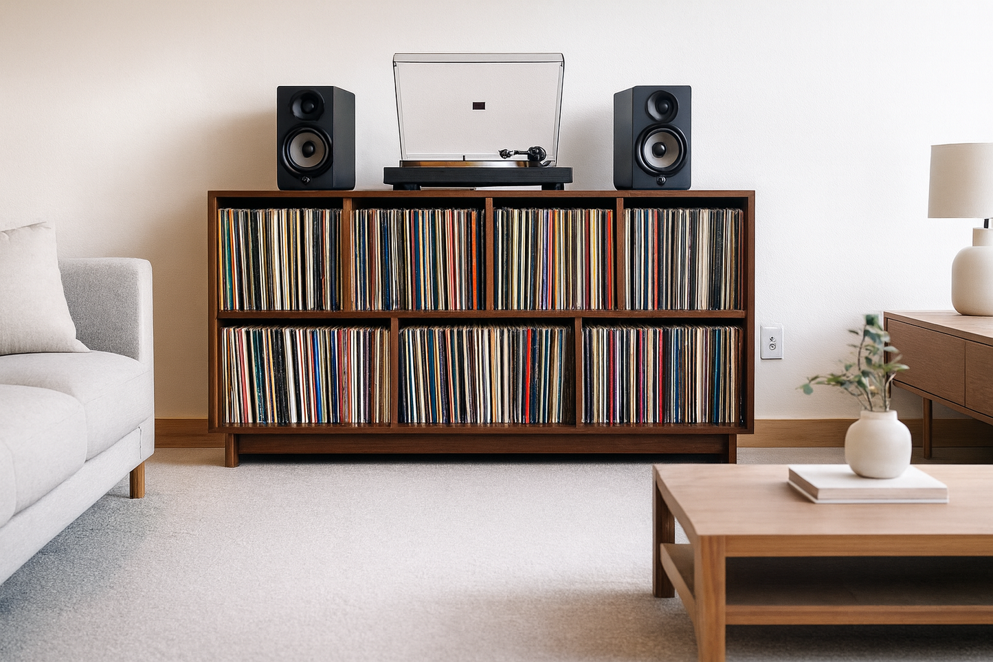 Record Storage Cabinet with Base - 700 Records - Cherry - Teak Finish