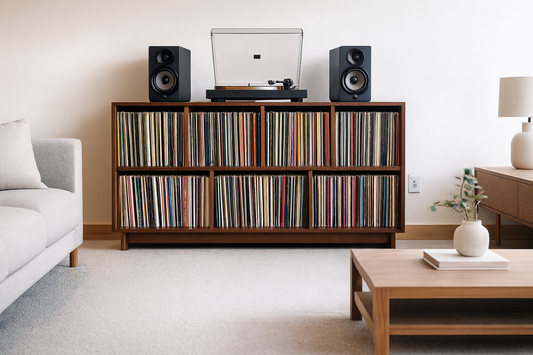 Record Storage Cabinet with Base - 700 Records - Cherry - Teak Finish