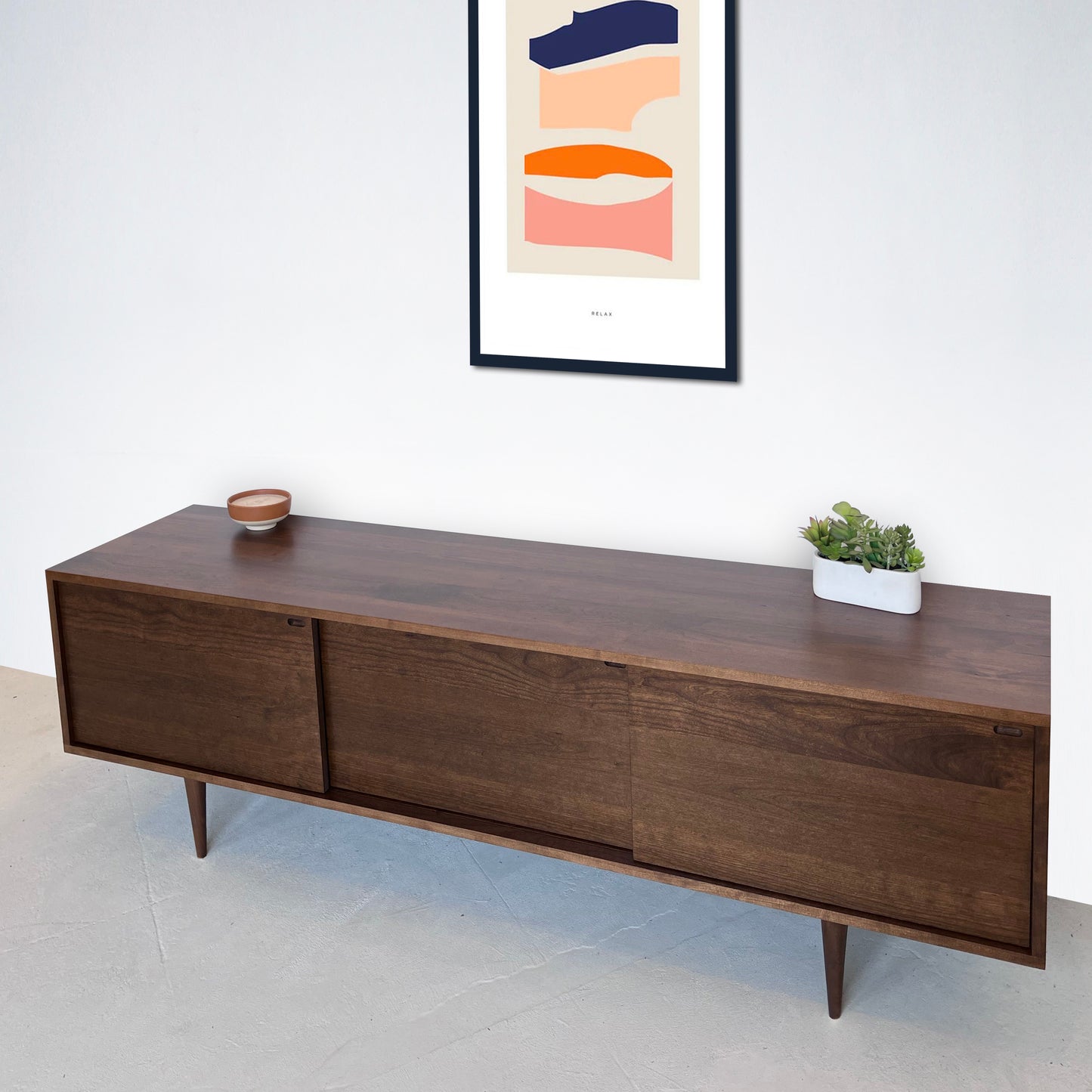 Mercer Credenza – Solid Cherry – Teak Finish – 75"L x 19"W x 24"H (body 16",legs 8")