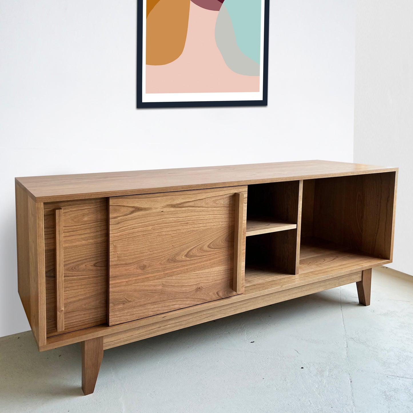 Kasse Media Console – Solid Cherry – Clear Finish - Wood Base - 60"L x 19" W x 28"H (Body 20", Legs 8")